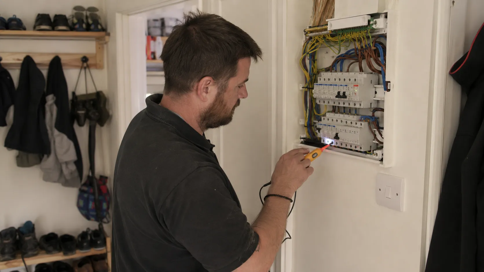 A NICEIC electrician testing a domestic consumer unit with a voltage tester, the wiring exposed